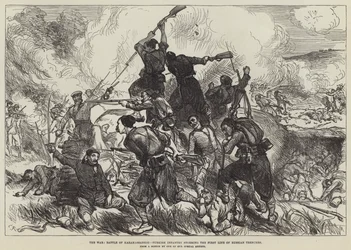 Kriget, slaget vid Karahassankoi, turkiskt infanteri stormar den första linjen av ryska skyttegravar